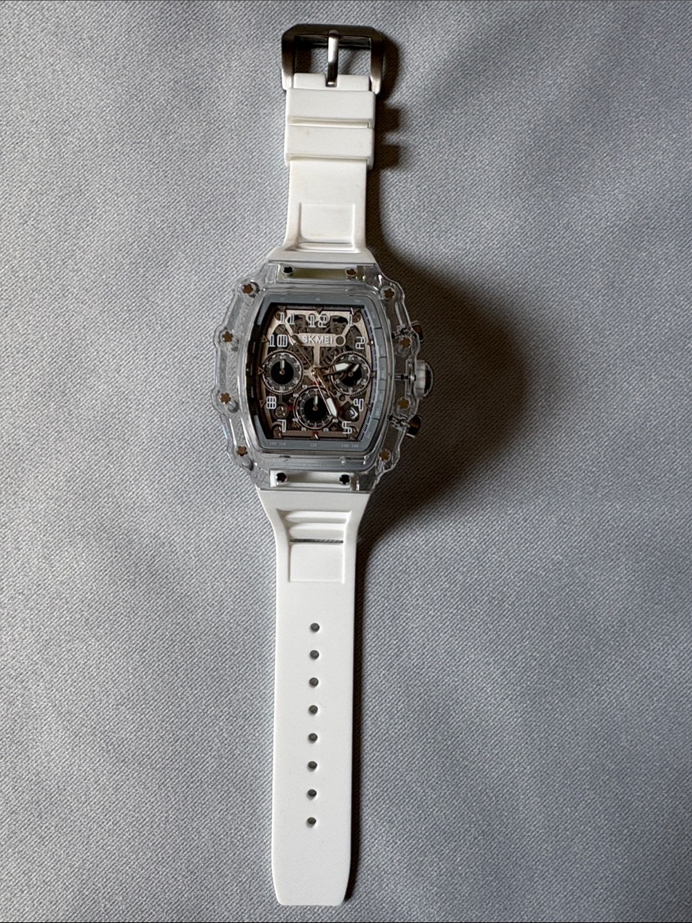 Transparent Barrel Case White Strap Skeleton Dial Watch - Picture 4 of 14